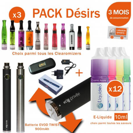 Pack EVOD TWIST 900mAh + 3 clearomizers au choix + 12 e-liquide toutes saveurs